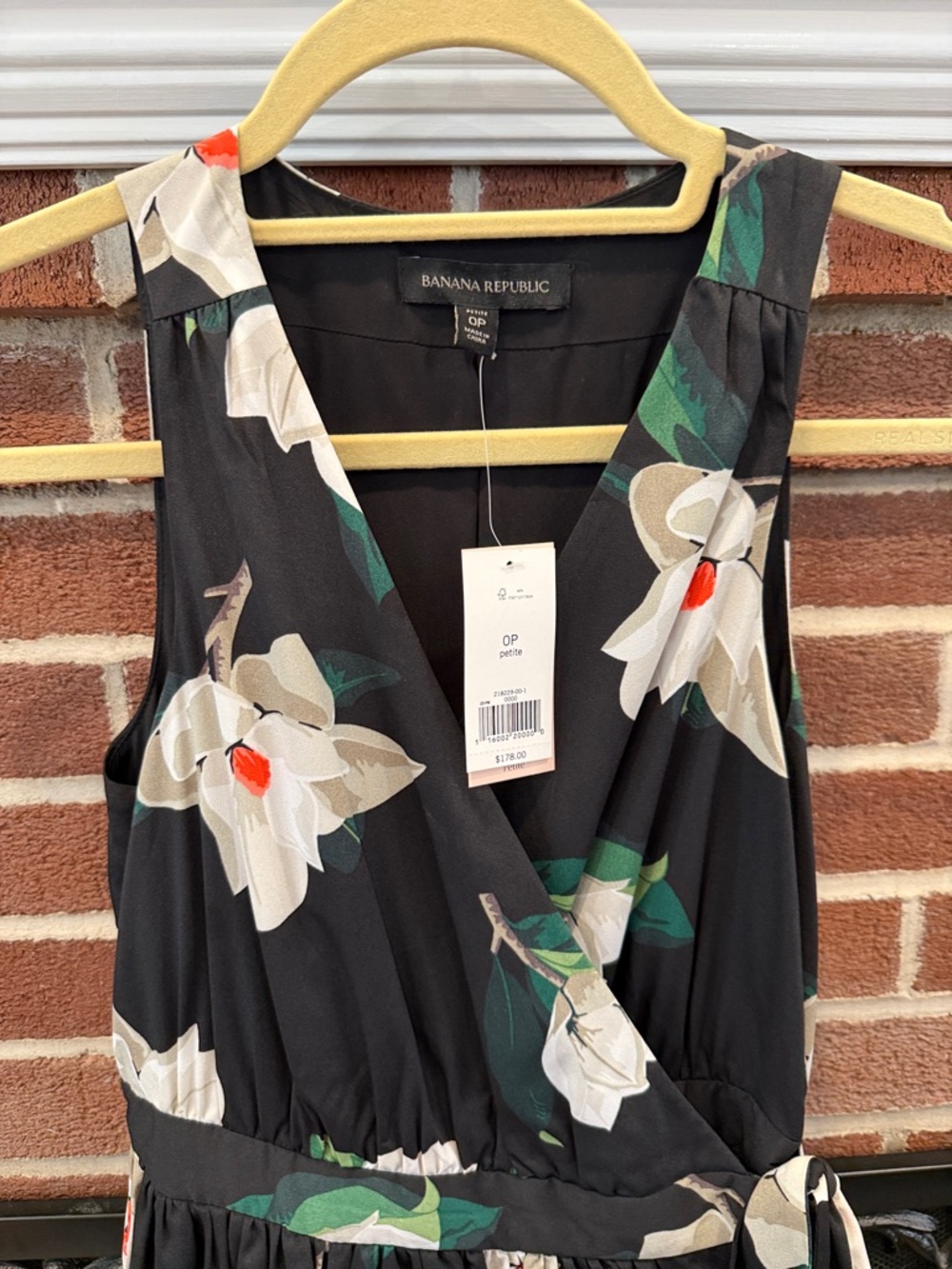 Banana Republic Black Floral Wrap Dress with Cream & Green Accents